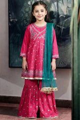 Girls Pink Cotton Embroidered Ethnic Suit with Net Dupatta – Festive & Party Wear