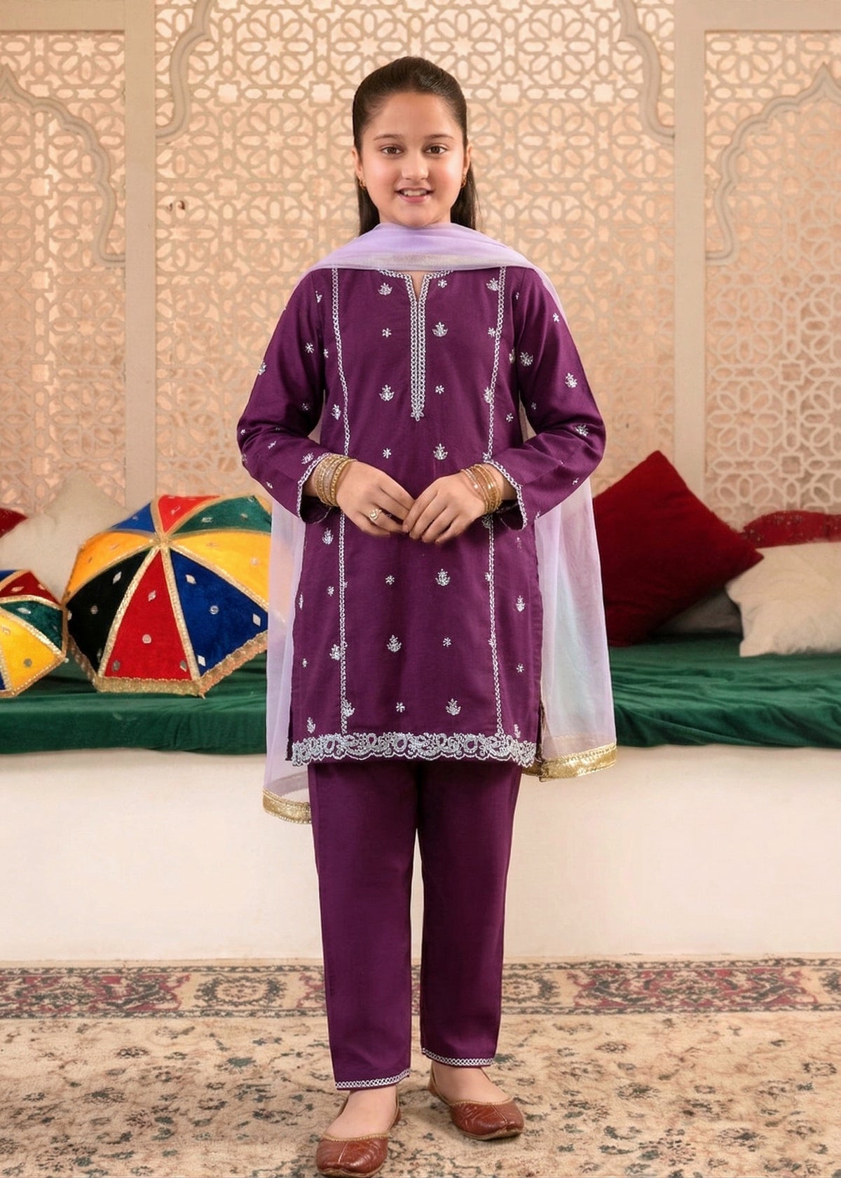 Elegant Girls Cotton Plum Embroidered Suit with Net Dupatta – Daily Wear Ethnic Outfit