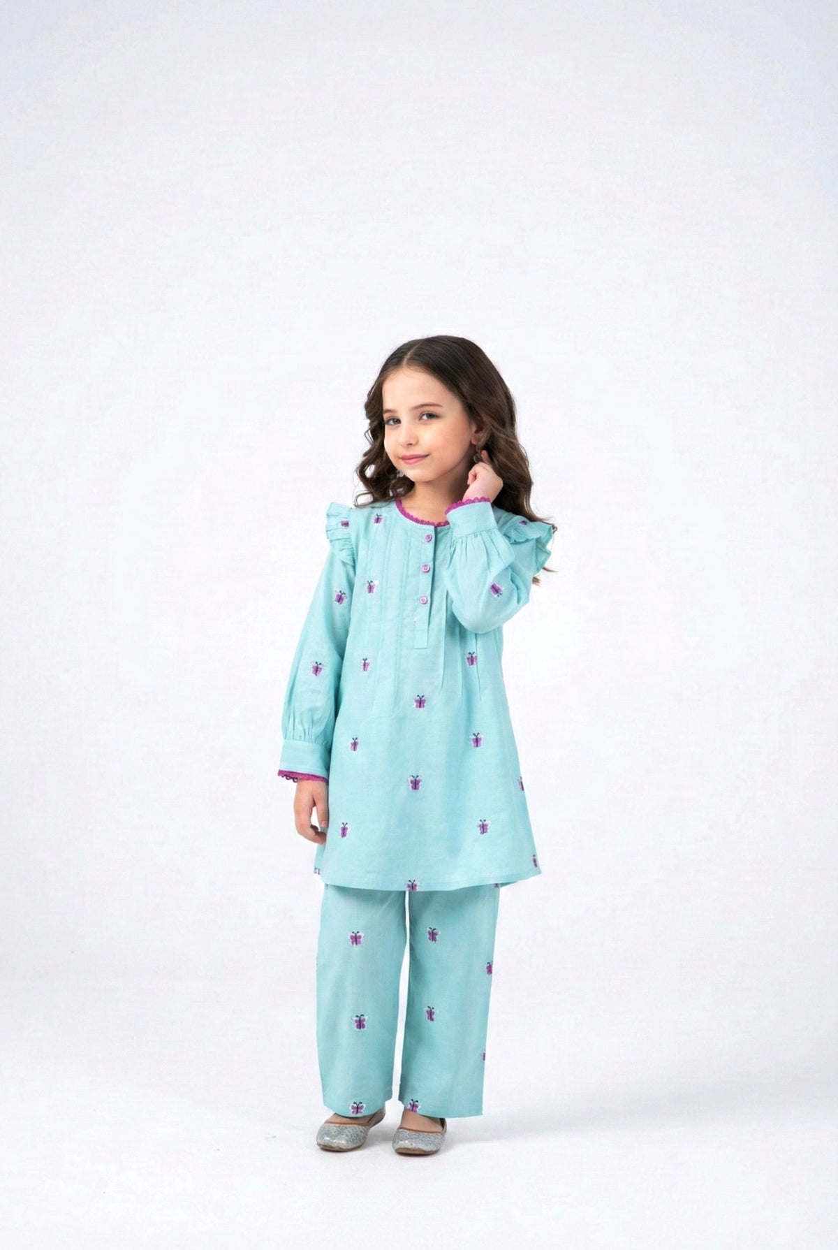Girls Cotton Butterfly Embroidered Suit – 2 Piece Kurti & Trouser Set