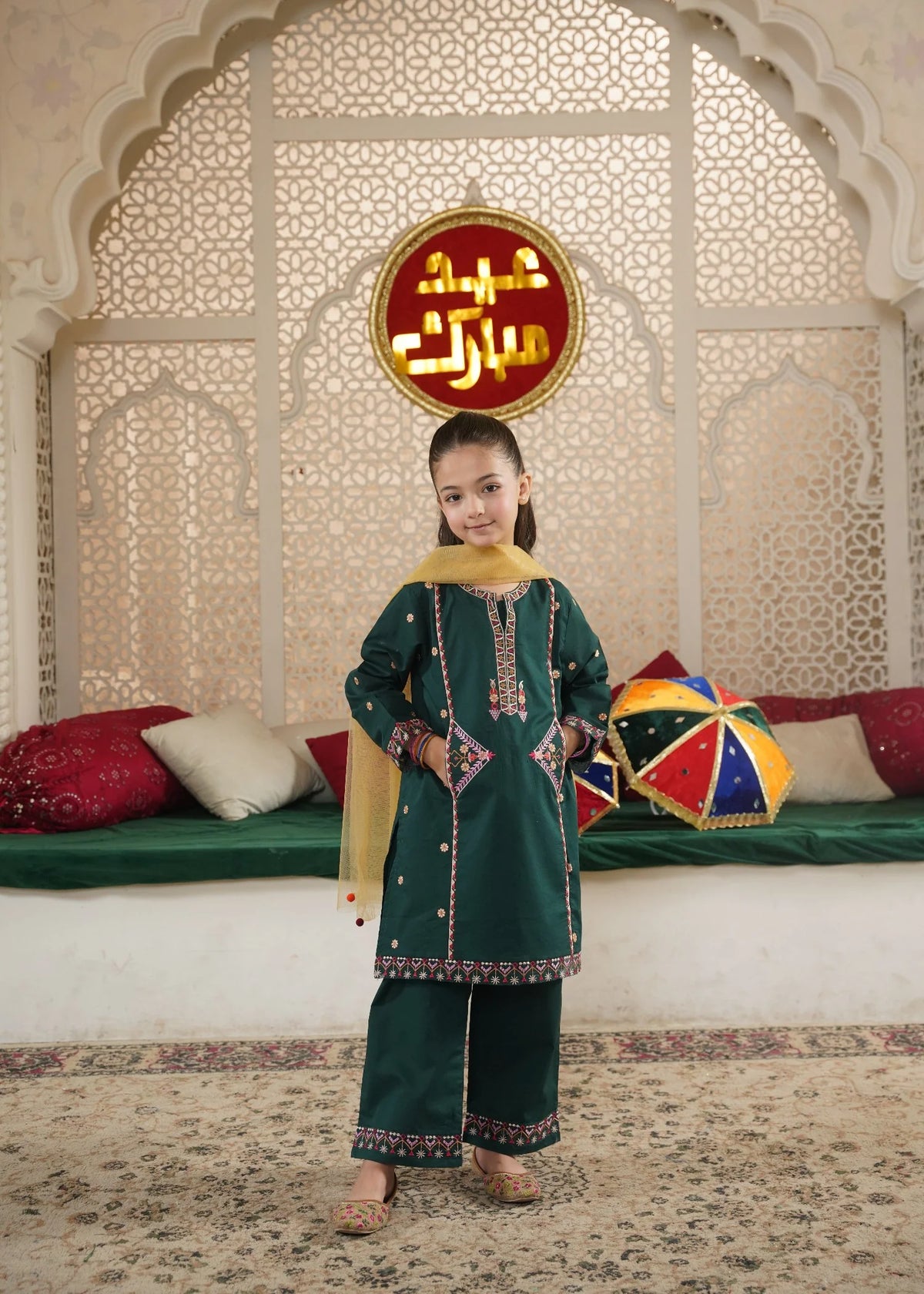 Girls' "Bottle Green" Multi-Thread Embroidered 100% Cotton 3-Piece Set