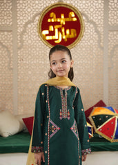 Girls' "Bottle Green" Multi-Thread Embroidered 100% Cotton 3-Piece Set