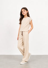 Girls Beige Ribbed Co-Ord Set | Soft Cotton Lounge Wear for Kids