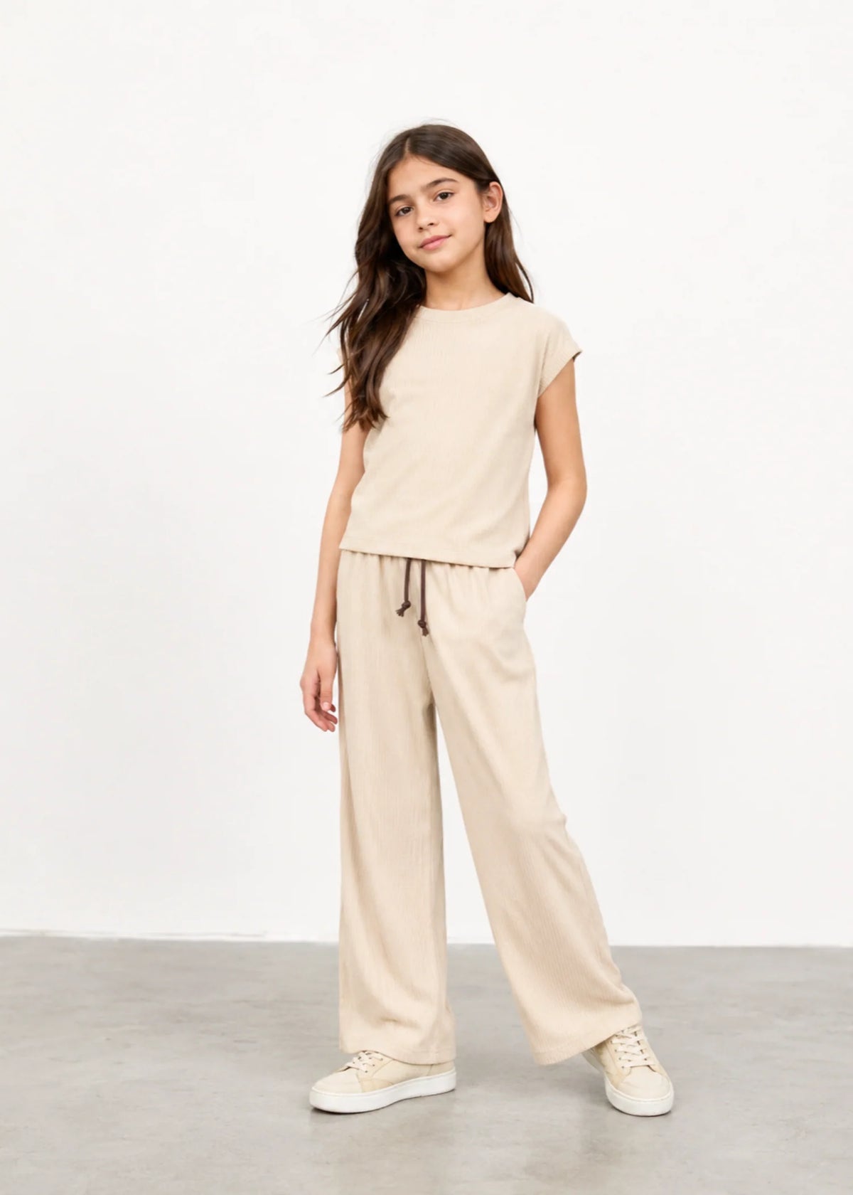 Girls Beige Ribbed Co-Ord Set | Soft Cotton Lounge Wear for Kids