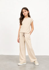 Girls Beige Ribbed Co-Ord Set | Soft Cotton Lounge Wear for Kids