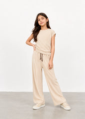 Girls Beige Ribbed Co-Ord Set | Soft Cotton Lounge Wear for Kids