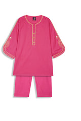 Shocking Pink Cotton 3 Pcs Suit Multihead Embroidery with Net Dopata