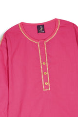 Shocking Pink Cotton 3 Pcs Suit Multihead Embroidery with Net Dopata