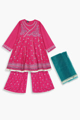 Girls Pink Cotton Embroidered Ethnic Suit with Net Dupatta – Festive & Party Wear