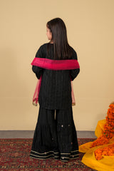 Black Embroidered Cotton Suit with Gharara for Girls | Festive 3-Piece Eastern Wear