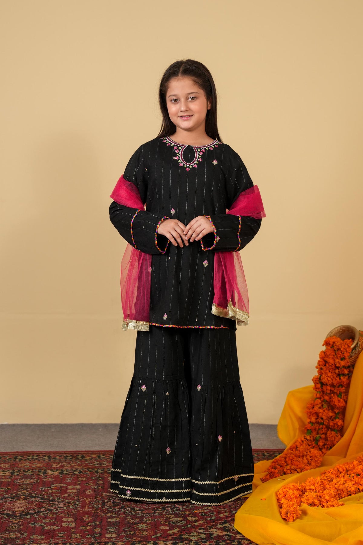 Black Embroidered Cotton Suit with Gharara for Girls | Festive 3-Piece Eastern Wear