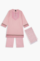 Girls Pastel Pink Cotton Embroidered Ethnic Suit with Net Dupatta – Festive & Party Wear