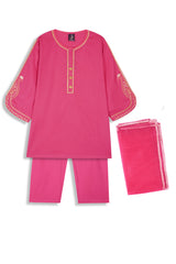 Shocking Pink Cotton 3 Pcs Suit Multihead Embroidery with Net Dopata