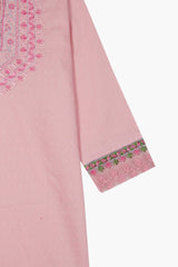Girls Pastel Pink Cotton Embroidered Ethnic Suit with Net Dupatta – Festive & Party Wear