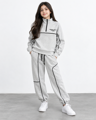 Kids Light Grey Fleece Tracksuit Set | Quarter-Zip Sweatshirt & Jogger