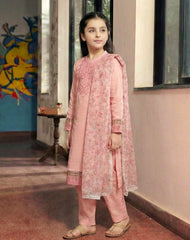 Girls Pastel Pink Cotton Embroidered Ethnic Suit with Net Dupatta – Festive & Party Wear