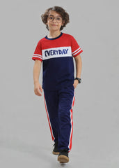 Kids "EVERYDAY" Printed Cotton Interlock T-Shirt & Pants Set – Red, White & Navy