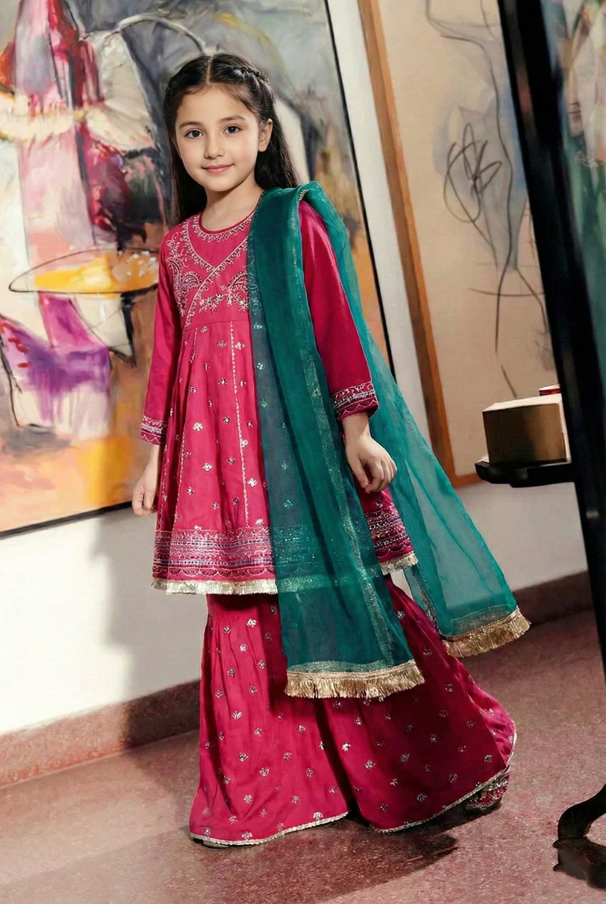 Girls Pink Cotton Embroidered Ethnic Suit with Net Dupatta – Festive & Party Wear