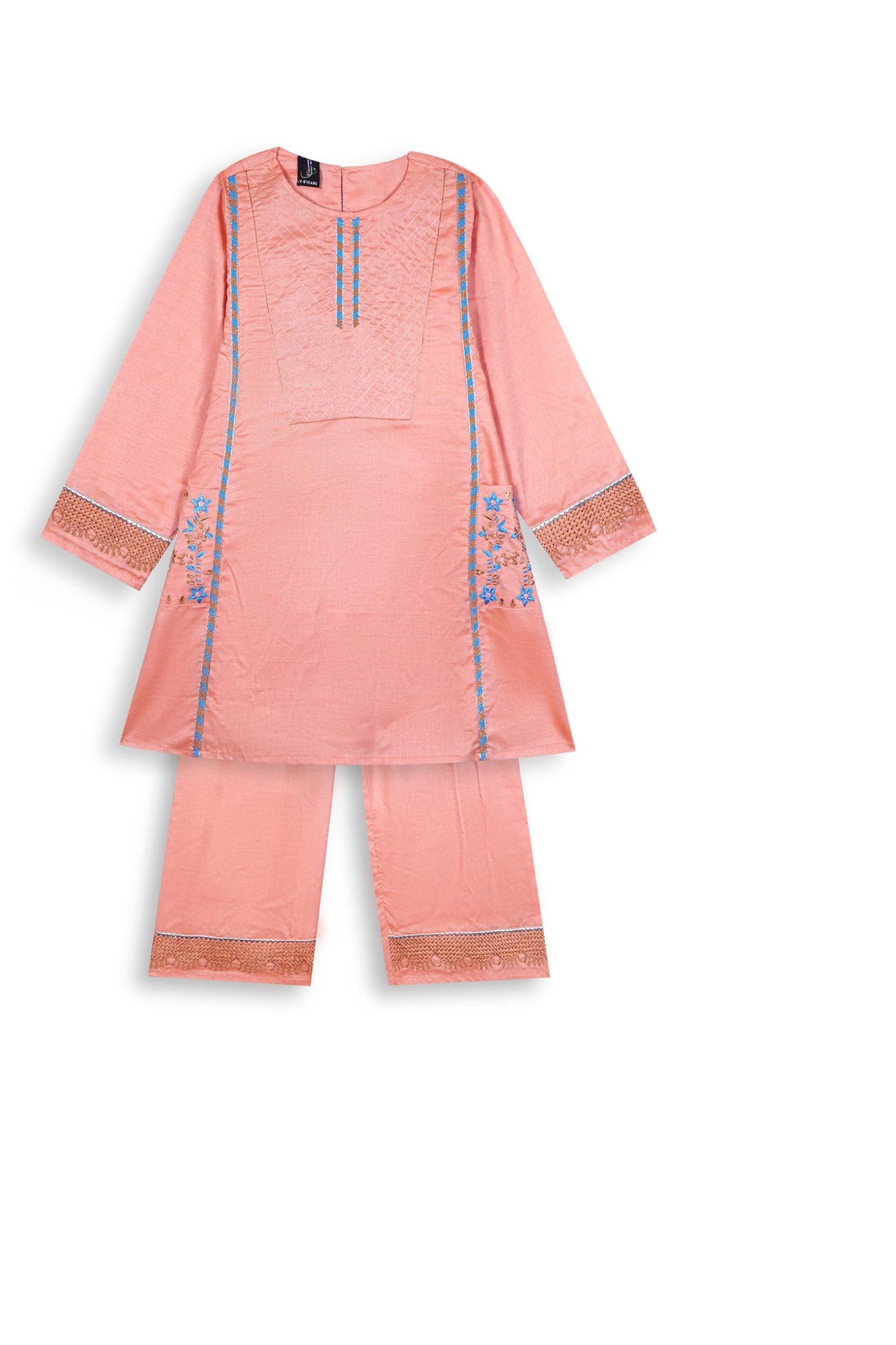 Peach Embroidered 3-Piece Cotton Suit for Girls | With Pockets & Dupatta