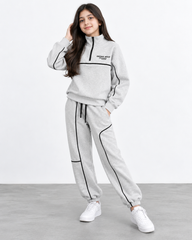 Kids Light Grey Fleece Tracksuit Set | Quarter-Zip Sweatshirt & Jogger