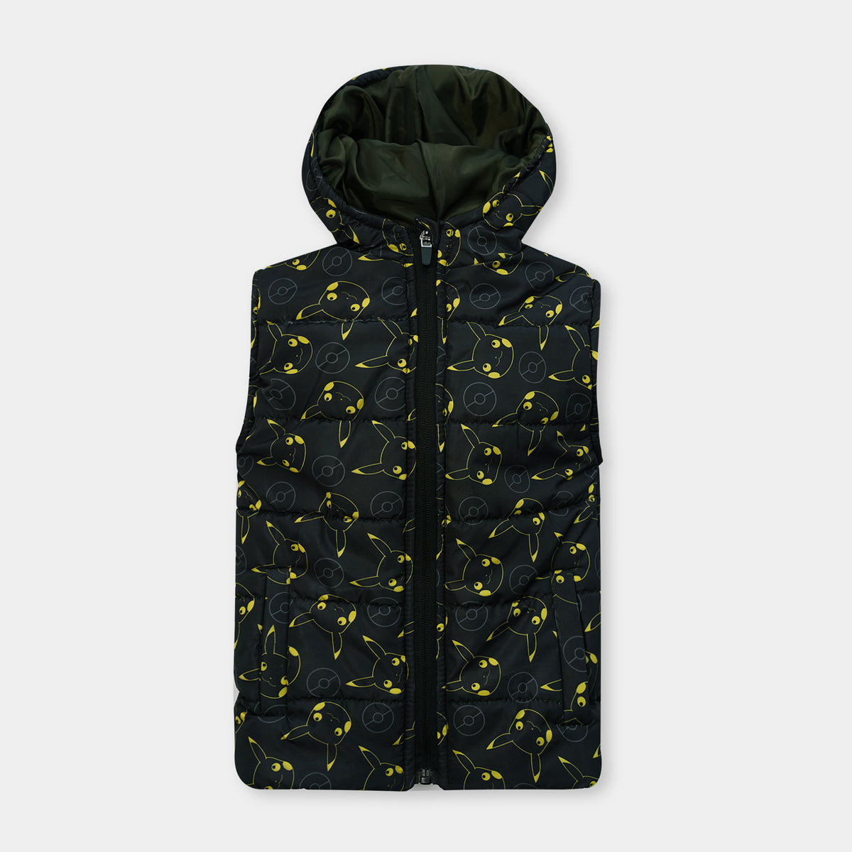 Kids Premium Quality All-Over Pikachu Printed Sleeveless Puffer Zipper Hoodie Jacket