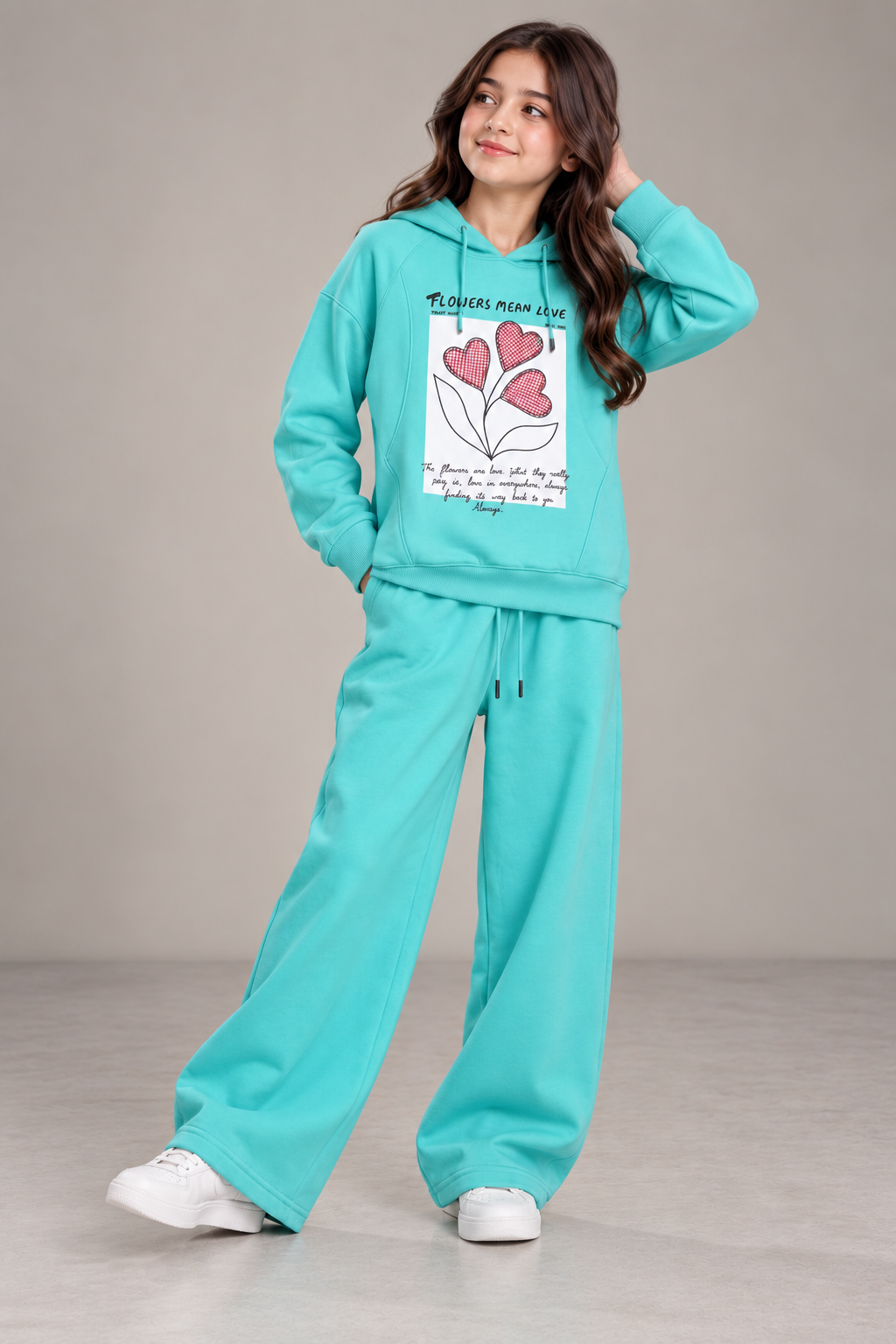Mint Green Printed Hoodie & Wide-Leg Sweatpants Set for Girls