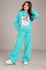 Mint Green Printed Hoodie & Wide-Leg Sweatpants Set for Girls