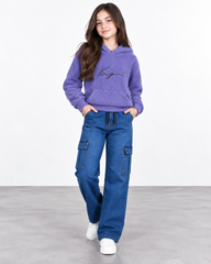Girls Dark Blue Denim Cargo Pants with Drawstring Waist | Kids Denim