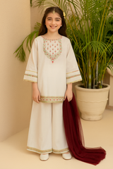Girls Embroidered Cotton Suit with Net Dupatta – 3 Piece Set