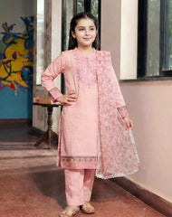 Girls Pastel Pink Cotton Embroidered Ethnic Suit with Net Dupatta – Festive & Party Wear