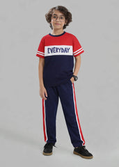 Kids "EVERYDAY" Printed Cotton Interlock T-Shirt & Pants Set – Red, White & Navy