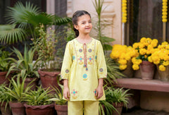Pastel Yellow Embroidered Kurta & Pant Set for Girls