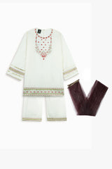 Girls Embroidered Cotton Suit with Net Dupatta – 3 Piece Set