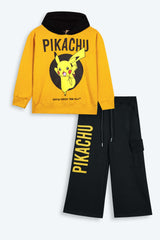 Pokémon Pikachu Kids Tracksuit – Yellow Hoodie & Black Wide-Leg Pants | 100% Cotton Fleece