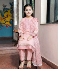 Girls Pastel Pink Cotton Embroidered Ethnic Suit with Net Dupatta – Festive & Party Wear