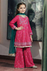 Girls Pink Cotton Embroidered Ethnic Suit with Net Dupatta – Festive & Party Wear