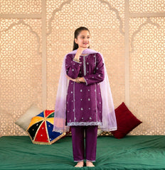 Elegant Girls Cotton Plum Embroidered Suit with Net Dupatta – Daily Wear Ethnic Outfit