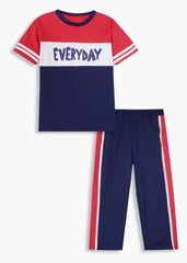 Kids "EVERYDAY" Printed Cotton Interlock T-Shirt & Pants Set – Red, White & Navy