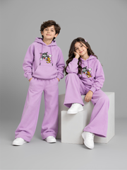 Kids Lavender Fleece Tracksuit Set with Tom & Jerry Embroidery – Unisex Hoodie & Wide-Leg Pants