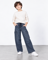 Kids 6 Pockets Grey Denim Cargo Pants | Wide Leg Utility Trousers