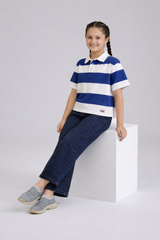Girl's Retro Blue & White Striped Boxy Fit Polo Shirt