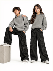 Unisex 8-Pocket Jet Black Wide Leg Jeans – 100% Cotton Stretch Denim