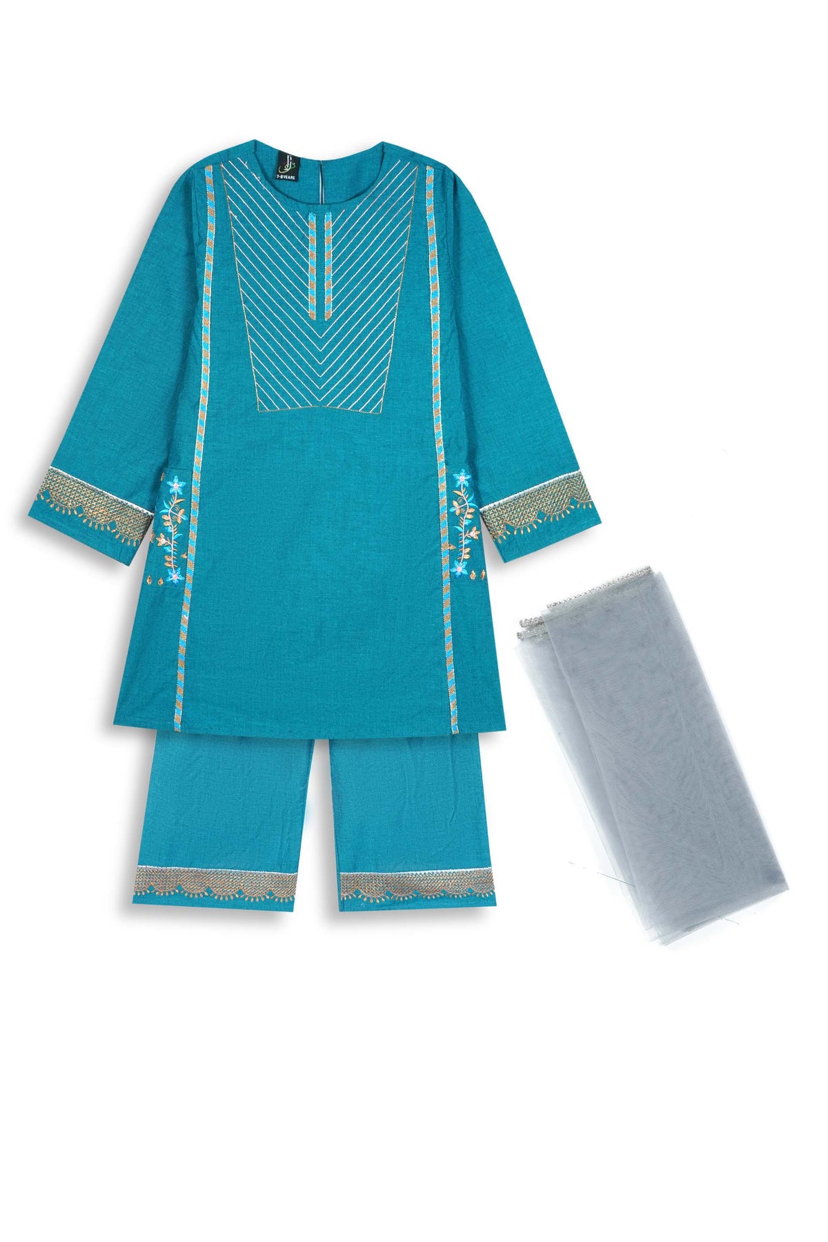 Teal Blue Embroidered Cotton Suit for Girls | 3-Piece Eastern Outfit