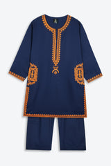 Chambaili 3-Piece Suit – Navy Blue with Orange Embroidery | 100% Cotton