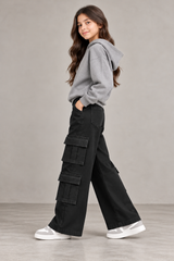 Unisex 8-Pocket Jet Black Wide Leg Jeans – 100% Cotton Stretch Denim