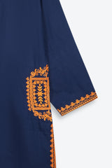 Chambaili 3-Piece Suit – Navy Blue with Orange Embroidery | 100% Cotton