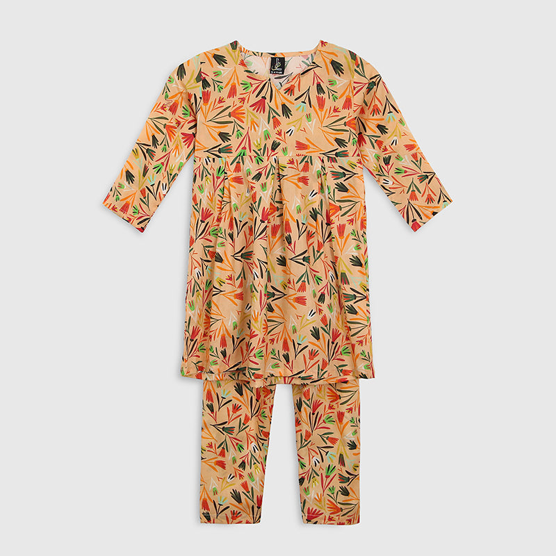 STITCHED 2 PIECE ALL-OVER PRINTED LAWN KAFTAN WITH CAPRI
