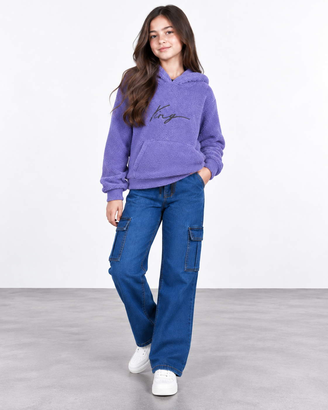 Girls Dark Blue Denim Cargo Pants with Drawstring Waist | Kids Denim