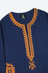 Chambaili 3-Piece Suit – Navy Blue with Orange Embroidery | 100% Cotton