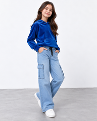 Kids Wide-Leg Denim Cargo Pants – Light Blue