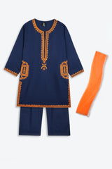 Chambaili 3-Piece Suit – Navy Blue with Orange Embroidery | 100% Cotton